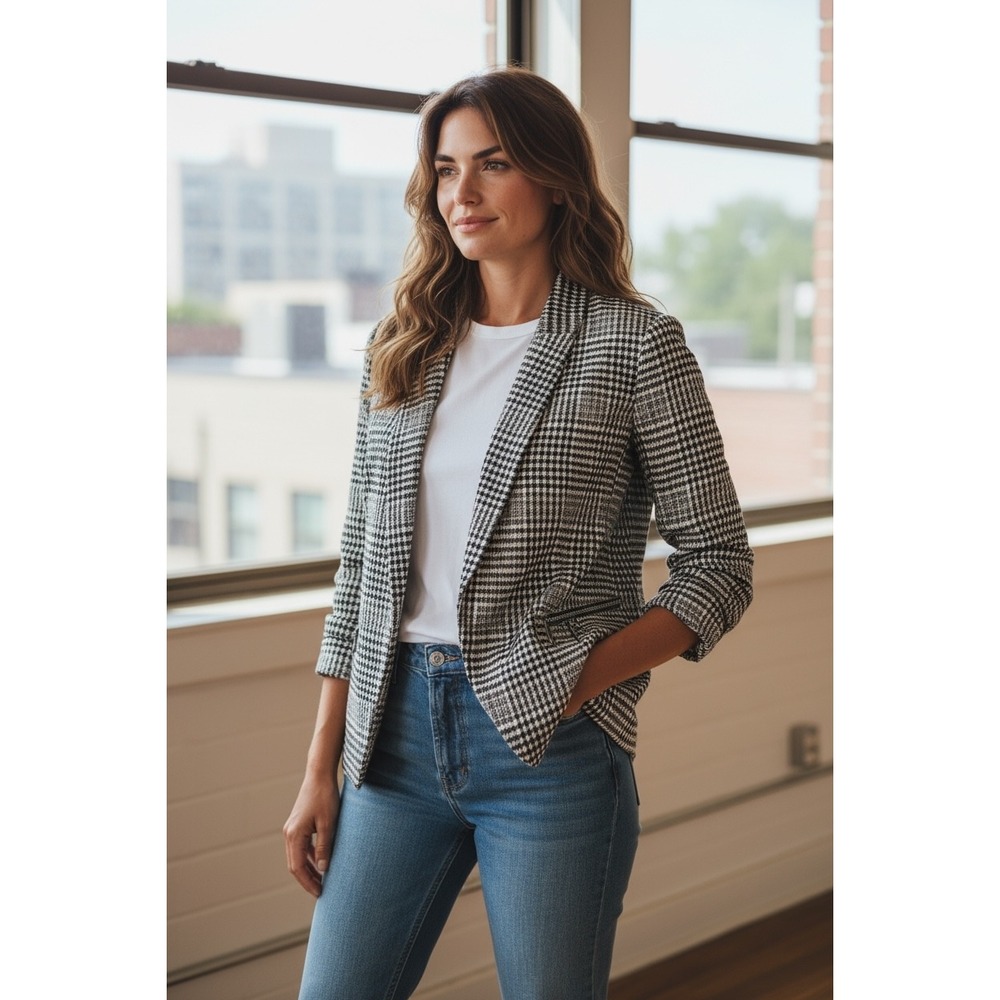 Tahari Blazer Size 10 Black White Plaid Career Business Casual Jacket Coat NWT